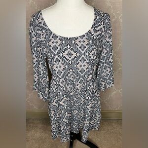 Blue Rain Womens Sz M Bell Sleeve Geo Print Crisscross Back Mini Dress